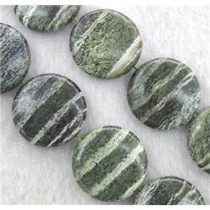 Natural Green Silver-line Jasper Beads, flat-round, approx 35mm dia, 15.5 inches