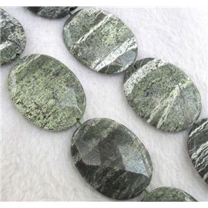 Natural Green Silver-line Jasper Beads, faceted flat oval, approx 18x25mm, 15.5 inches