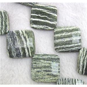 Natural Green Silver-line Jasper Beads, faceted square, corner-drilled, approx 30x30mm, 15.5 inches