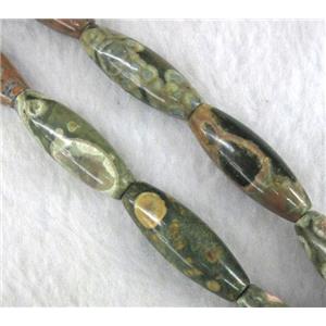 natural Rhyolite beads, green, rice-shaped, approx 10x30mm