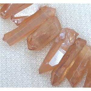 clear quartz bead, stick, freeform, pink electroplated, approx 18-25mm, 15.5 inches