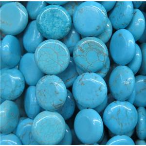 turquoise beads, flat round, blue treated, approx 12mm dia