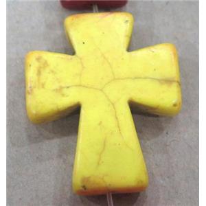 yellow turquoise bead, cross, synthetic, approx 40x50mm