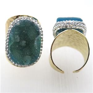 green Agate Druzy Rings paved rhinestone, copper, gold plated, approx 20-35mm, 20mm dia