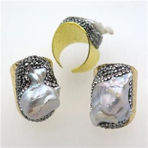white Pearl Rings paved rhinestone, copper, gold plated, approx 20-35mm, 20mm dia