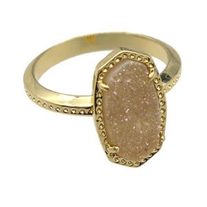copper Rings with champagne Quartz Druzy, gold plated, approx 8-14mm, 18mm dia