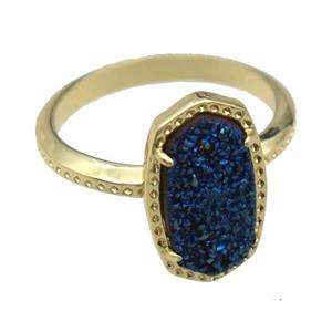 copper Rings with blue Quartz Druzy, gold plated, approx 8-14mm, 18mm dia