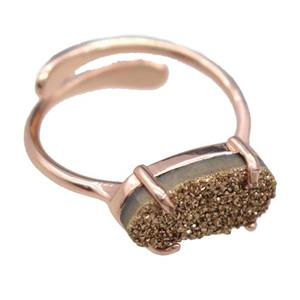 copper Rings with gold Quartz Druzy, resizable, rose gold, approx 7-14mm, 18mm dia