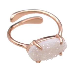 copper Rings with white Quartz Druzy, resizable, rose gold, approx 7-14mm, 18mm dia
