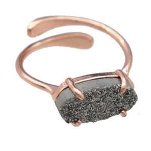 copper Rings with silver Quartz Druzy, resizable, rose gold, approx 7-14mm, 18mm dia