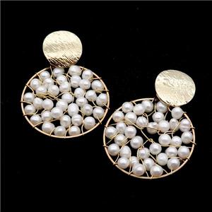 Natural Pearl Stud Earring Copper White Wire Wrapped Gold Plated, approx 16mm, 35mm dia
