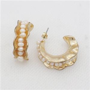 White Pearl Copper Stud Earring Gold Plated, approx 4.5mm, 25mm