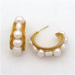 White Pearl Copper Stud Earring Gold Plated, approx 5-7mm, 25mm