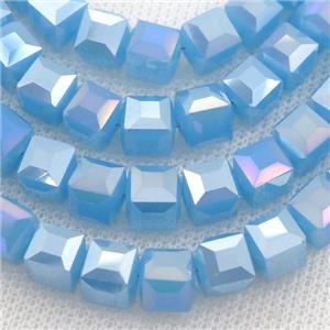 Jadeite Glass Beads, faceted cube, blue AB-color, approx 7.5mm, 98pcs per st