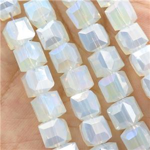 Jadeite Glass Beads, faceted cube, white opalited, approx 7.5mm, 98pcs per st