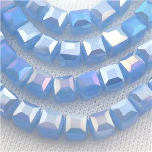Jadeite Glass Beads, faceted cube, blue AB-color, approx 7.5mm, 98pcs per st