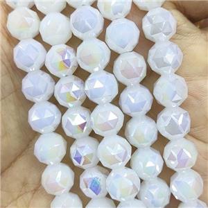white Jadeite Glass Beads, faceted round, Ab-color, approx 10mm, 72pcs per st