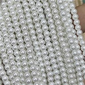 white Pearlized Glass Beads, round, approx 8mm dia, 52pcs per st