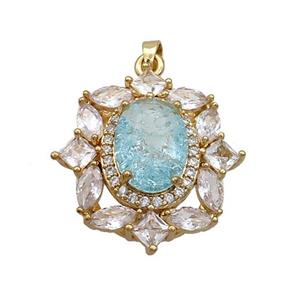 Copper Flower Pendant Pave Blue Crystal Glass Gold Plated, approx 25-28mm