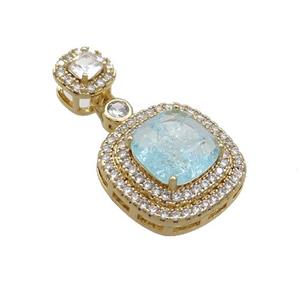 Copper Square Pendant Pave Aqua Crystal Glass Gold Plated, approx 17mm, 8mm