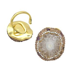 White Quartz Druzy Ring Pave Rhinestone Gold Plated, approx 25-30mm, 18mm dia