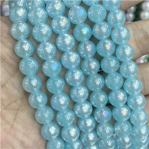 Blue Jadeite Glass Beads Smooth Round Electroplated, approx 10mm dia