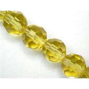 hand-cutting Chinese Crystal Glass Beads, faceted round, yellow, 10mm dia, 32pcs per st
