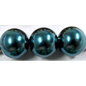 Round Glass Pearl Beads, peacock-blue, 14mm dia,60 beads/strand