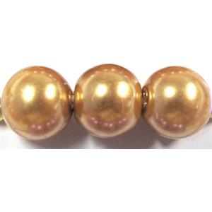 Round Glass Pearl Beads, golden, 14mm dia,60 beads/strand