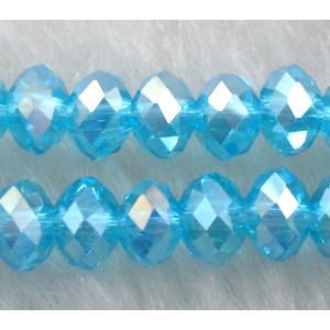 Chinese Glass Crystal Beads, faceted fondelle, aqua AB-color, 2x3mm
