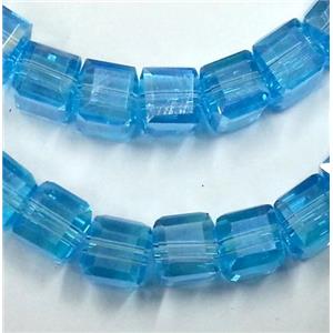 Chinese crystal glass bead, faceted cube, blue, approx 4x4x4mm, 100pcs per st