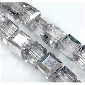 Chinese crystal glass bead, faceted cube, half silver plated, approx 4x4x4mm, 100pcs per st