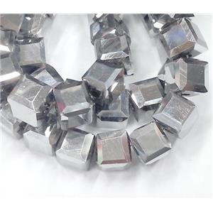 Chinese crystal glass bead, faceted cube, silver plated, approx 6x6x6mm, 100pcs per st