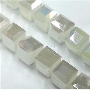 Chinese crystal glass bead, faceted cube, white jade AB color, approx 6x6x6mm, 100pcs per st