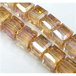 Chinese crystal glass bead, faceted cube, gold champagne, approx 6x6x6mm, 100pcs per st