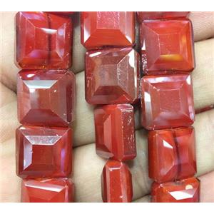 chinese crystal glass bead, faceted square, red, approx 14x14mm, 44pcs per st