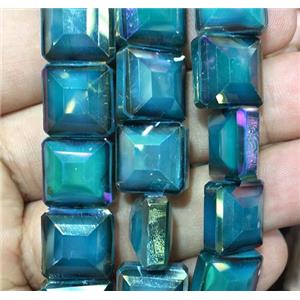 chinese crystal glass bead, faceted square, peacock green, approx 14x14mm, 44pcs per st