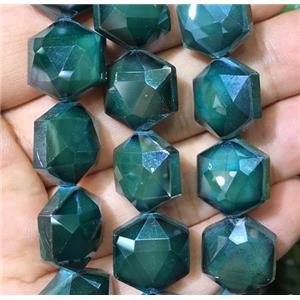chinese crystal glass beads, faceted Hexagon, dp.green, approx 14mm dia, 44pcs per st