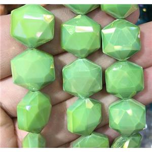 chinese crystal glass bead, faceted Hexagon, green, approx 14mm dia, 44pcs per st