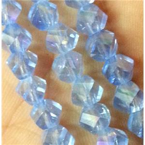 Chinese crystal glass bead, swiring cut, lt.blue AB color, approx 4mm dia, 150pcs per st