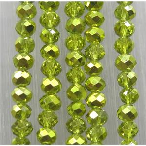 olive chinese crystal glass bead, faceted rondelle, half green electroplated, approx 2.5x3mm, 150 pcs per st