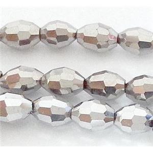 Chinese Crystal Glass Beads, faceted barrel, plaltinum plated, 6x8mm, 72pcs per st