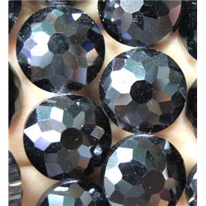 Chinese crystal glass bead, faceted flat round, black, approx 18mm dia, 18pcs per st