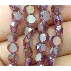 Chinese crystal glass bead, faceted flat round, purple, approx 4mm dia, 100pcs per st