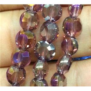 Chinese crystal glass bead, faceted flat round, purple AB color, approx 6mm dia, 72pcs per st