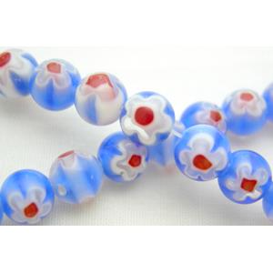 16 inch String of Round Millefiori Glass-Single flower, 6mm dia, 69 beads per st
