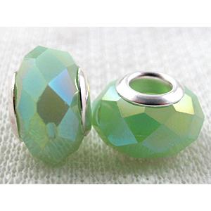 crystal glass beads, faceted rondelle, green AB-Color, approx 14mm dia, 8mm thin, hole: 4.7mm