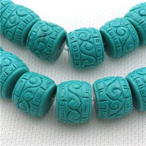 green Sinkiang Turquoise barrel beads, carved, approx 12-15mm