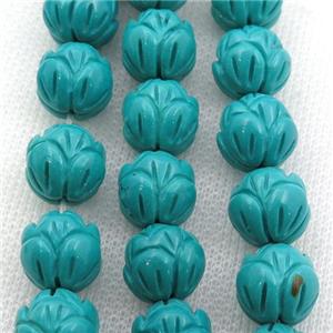 teal Sinkiang Turquoise lotus beads, carved, approx 13-14mm