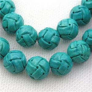 green Sinkiang Turquoise beads, round football, carved, approx 13mm